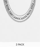 Asos Design Pack Of 3 Necklaces In Mixed Chains In Silver Tone