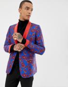 Asos Edition Skinny Blazer In Blue And Red Floral Jacquard And Shawl Lapel - Blue