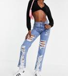 Missguided Tall Dad Jean With Distressed Detail In Blue-blues
