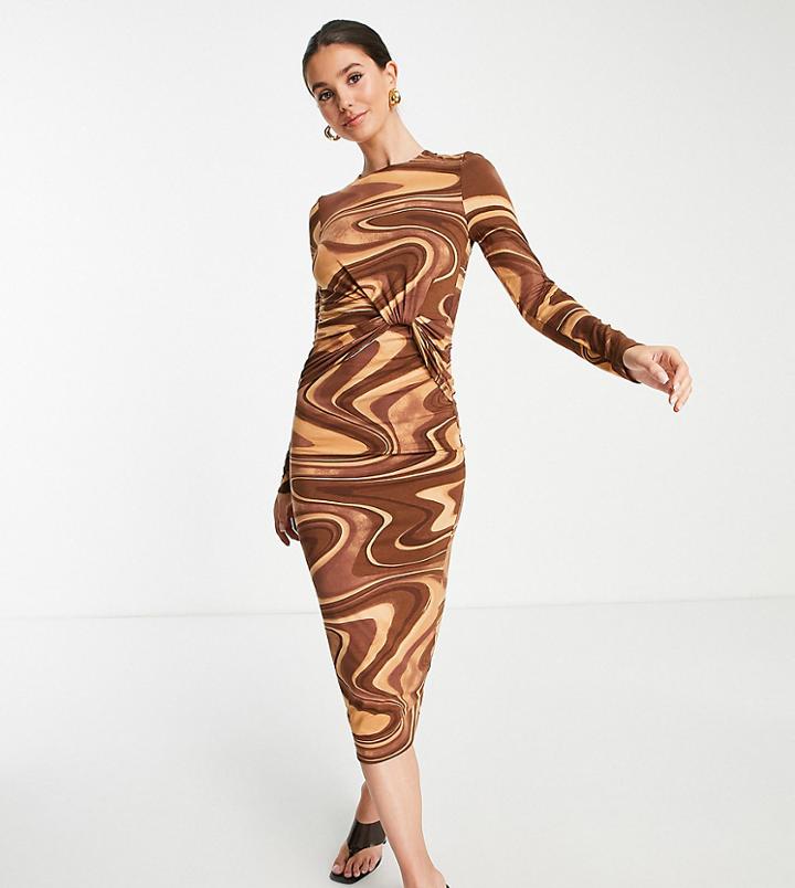 Asos Design Tall Long Sleeve Front Knot Open Back Midi Dress In Brown Swirl Print-multi