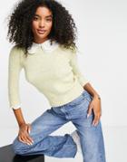 River Island Fluffy Sweater With Pearl Collar Detail In Green