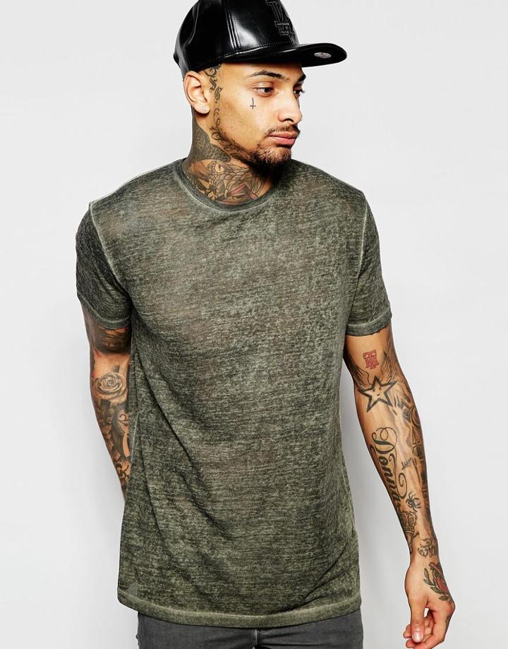 Asos Longline T-shirt With Overspray Effect In Khaki - Comrad Khaki