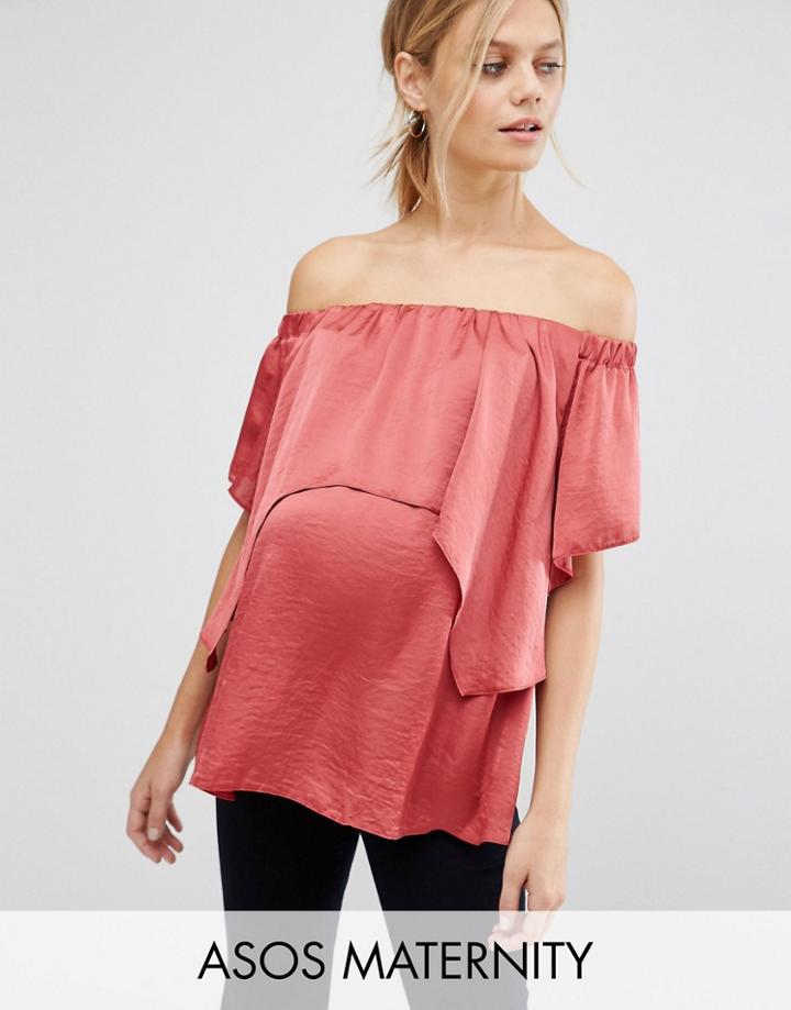 Asos Maternity Satin Bardot Top With Double Layer - Pink