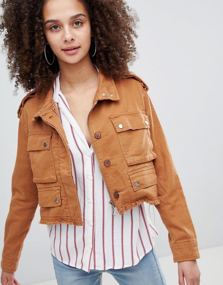Bershka Distressed Cargo Jacket - Green