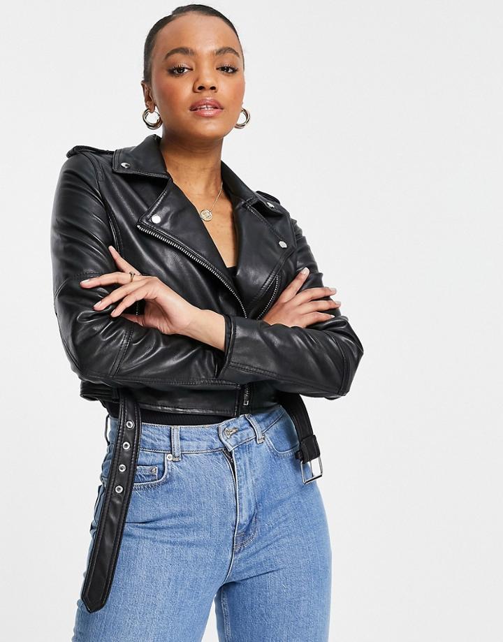Pull & Bear Faux Leather Biker Jacket In Black