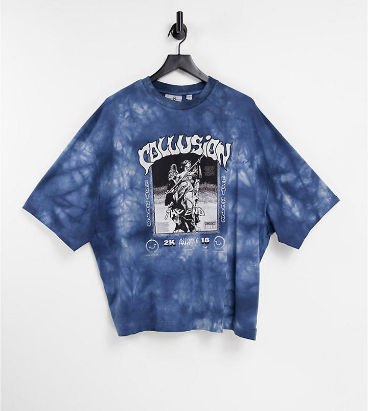 Collusion Oversized T-shirt With Print And Tie Dye In Deep Blue-blues