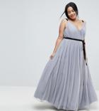 Asos Curve Tulle Maxi Dress With Ribbon Ties - Gray