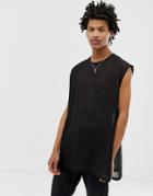 Asos Design Oversized Super Longline Sleeveless T-shirt With Side Splits In Sheer Woven Fabric - Black