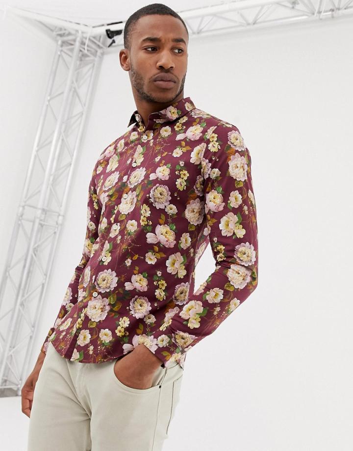 Asos Design Skinny Fit Floral Shirt In Burgundy - Red