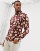 Asos Design Skinny Fit Floral Shirt In Burgundy - Red