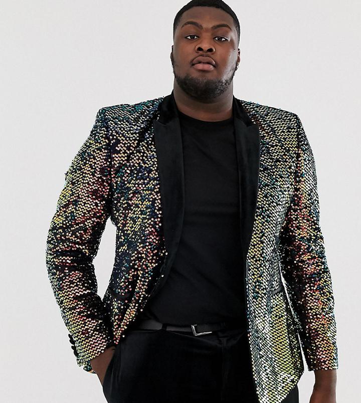 Asos Edition Plus Skinny Blazer In Black Velvet With Iridescent Sequins - Black