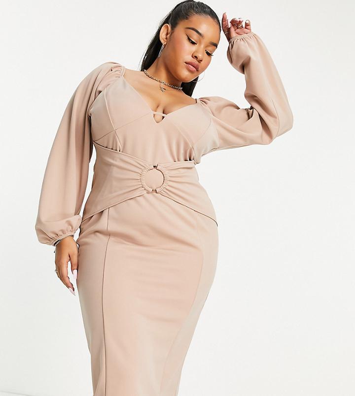 Asos Design Curve Long Sleeve Cupped Ring Midi Pencil Dress In Taupe-multi