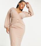 Asos Design Curve Long Sleeve Cupped Ring Midi Pencil Dress In Taupe-multi