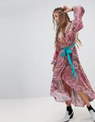 Aratta Flared Sleeve Maxi Dress In Paisley With Premium Embellishment - Multi
