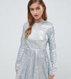 Tfnc Petite Long Sleeve Fit And Flare Sequin Mini Dress In Silver Irridescent