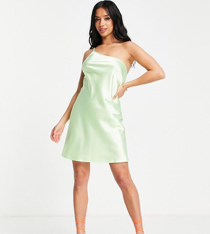 Flounce London Petite One Shoulder Mini Dress In Lime Satin-green
