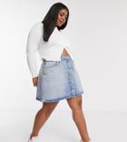 Asos Design Curve Denim Button-through Skirt In Light Wash-blue