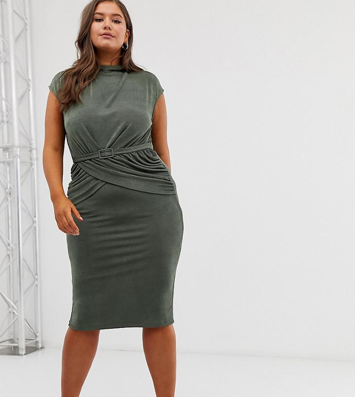 Asos Design Curve Drape Front Belted Pencil Midi Dress