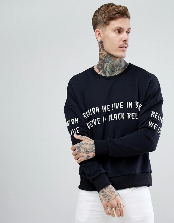 Religion Dropped Shoulder Sweat With Embroidery - Black