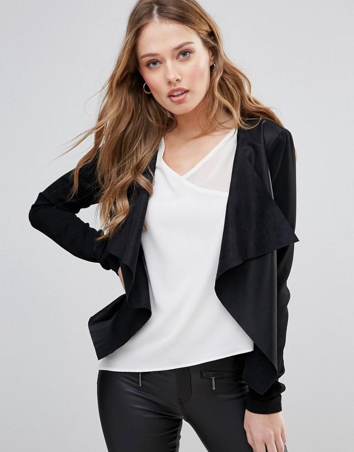 Only Sound Faux Leather Waterfall Lapel Jacket - Black