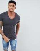 Asos Design Muscle Fit T-shirt With Deep V Neck In Gray - Gray