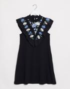 Asos Design Mini Dress With Embroidered Frill Yoke In Black