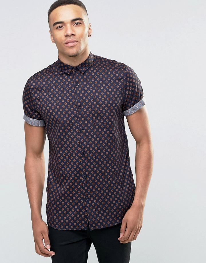 New Look Shirt In Navy With Small Print In Regular Fit - Navy