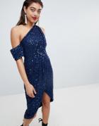 Asos Design Drape Pencil Midi Dress In All Over Sequin - Navy