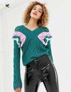 Noisy May Frill Shoulder Cable V- Neck Sweater - Green