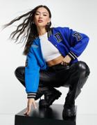 I Saw It First Spliced Graphic Varsity Jacket In Blue-blues