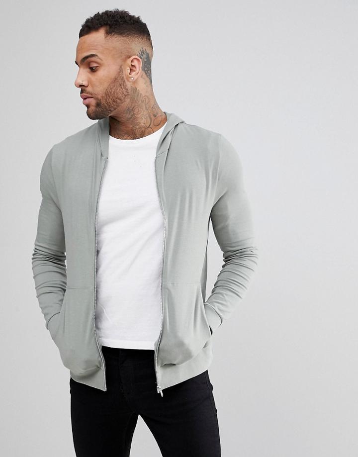 Asos Lightweight Muscle Zip Up Hoodie In Green - Green
