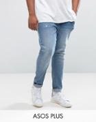 Asos Plus Super Skinny Jeans With Abrasions In Mid Wash Blue - Blue