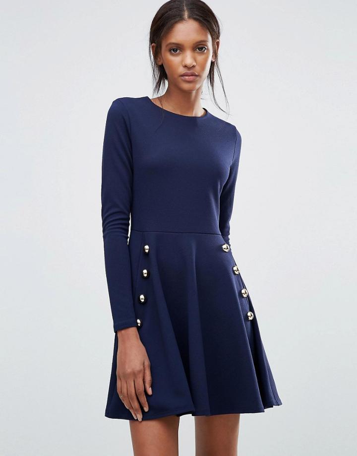 Club L Miltary Detailed Crepe Skater Dress - Navy
