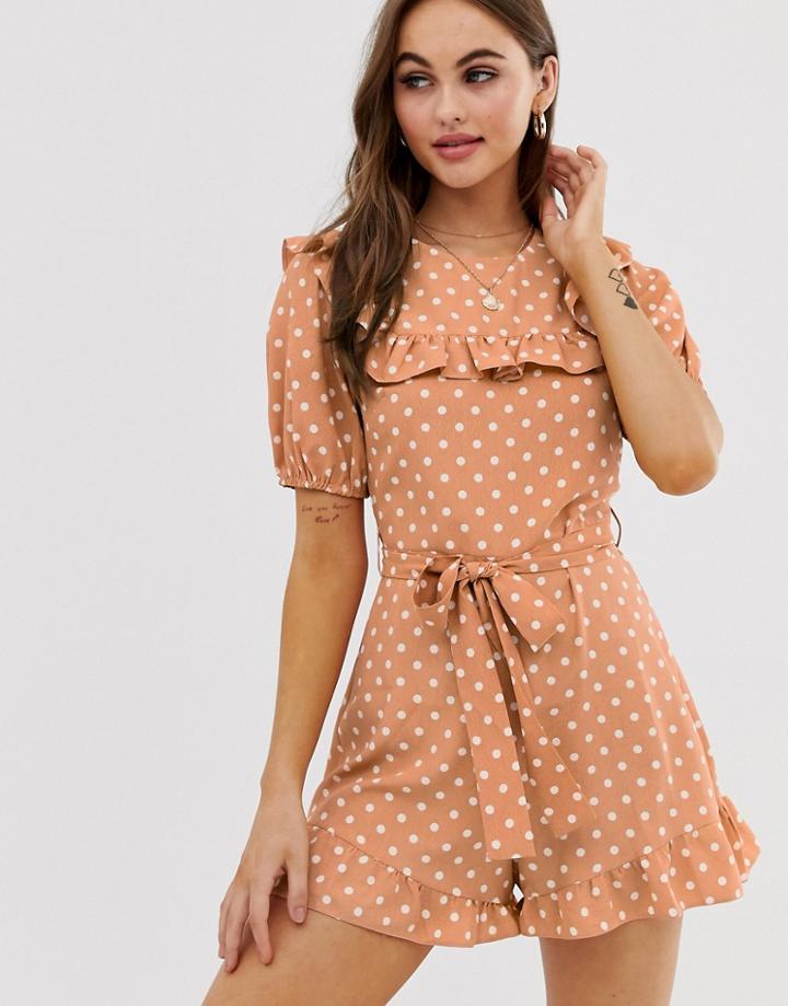 Asos Design Prairie Tie Waist Romper With Frill Hem And Ruffle Detail In Polka Dot-multi