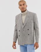 Asos Design Boxy Oversized Double Breasted Linen Blazer With Check In Brown