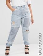 Asos Curve Brady Boyfriend Patched Denim Jeans - Blue