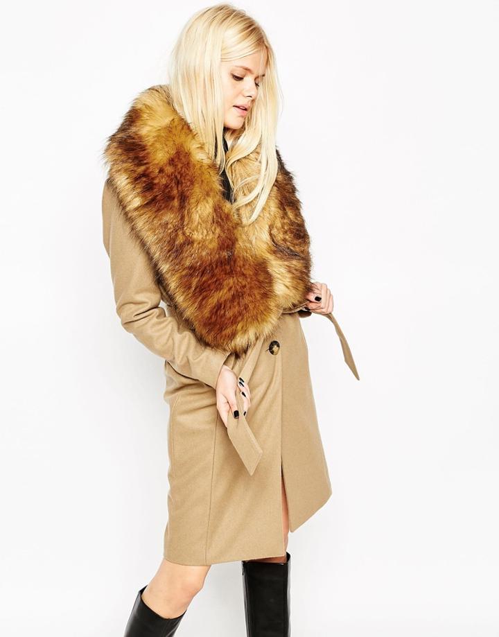 Asos Coat With Faux Fur Stole - Camel