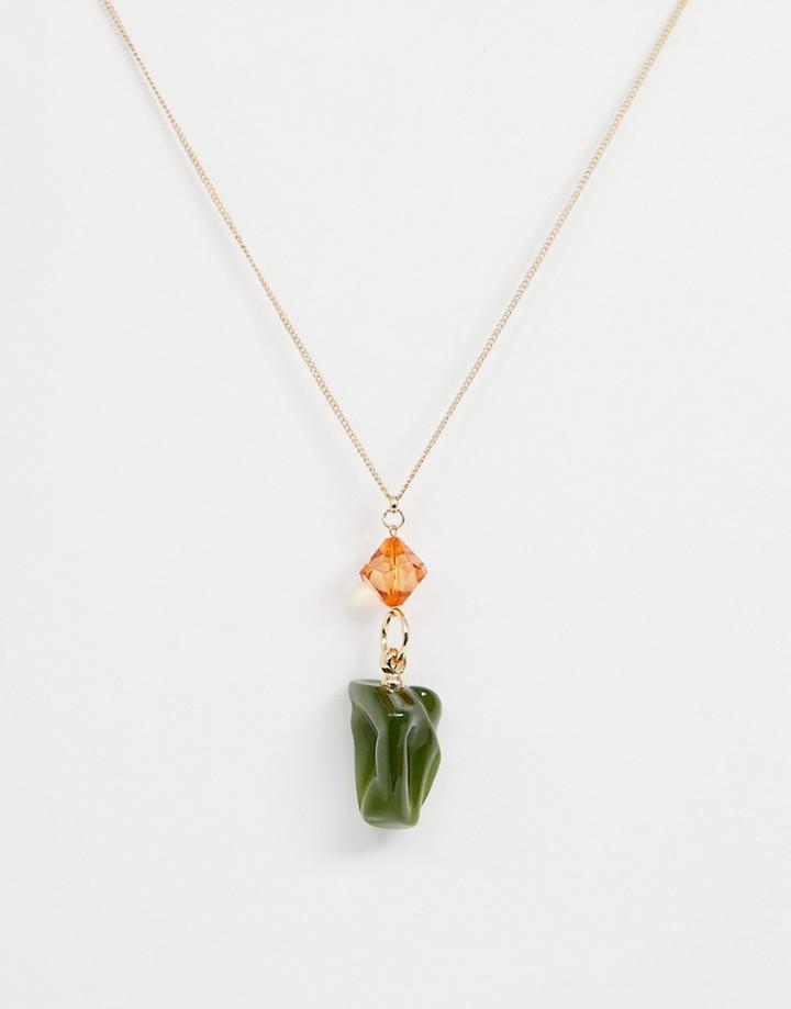 Asos Design Long Necklace With Resin Pendants In Gold - Silver