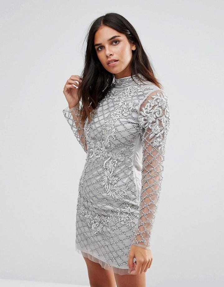 A Star Is Born High Neck Long Sleeve Heavily Embellished Dress - Silve