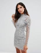 A Star Is Born High Neck Long Sleeve Heavily Embellished Dress - Silve
