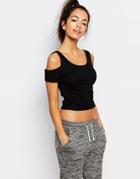 New Look Ribbed Cold Shoulder Crop Top - Black
