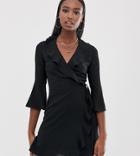Outrageous Fortune Tall Ruffle Wrap Dress With Fluted Sleeve In Black - Black