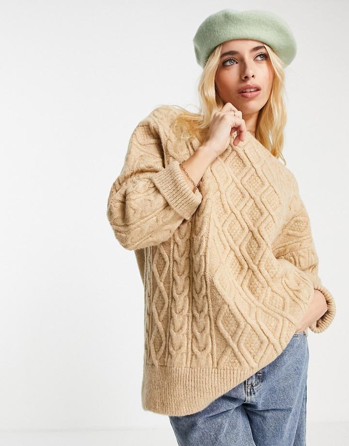 Stradivarius Oversized Cable Detail Sweater In Camel-neutral