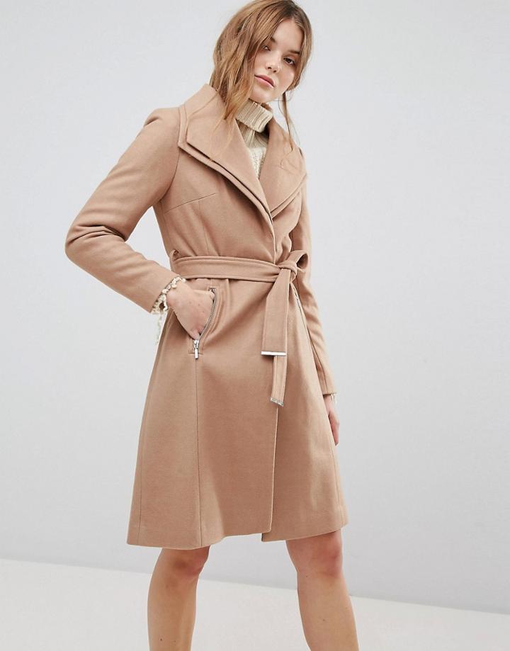 New Look Double Waterfall Belted Coat - Brown