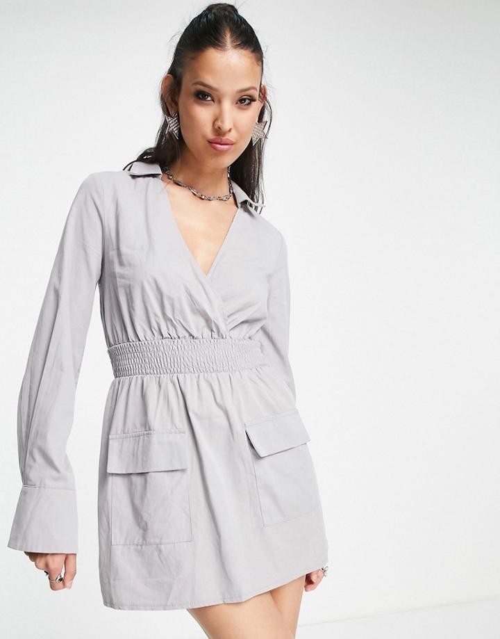 Public Desire Plunge Utility Dress In Light Gray
