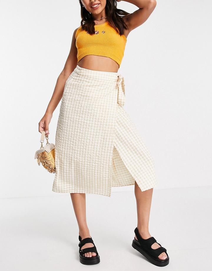 Monki Minou Gingham Midi Wrap Skirt In Beige And White