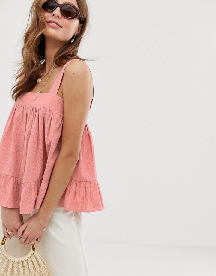 Asos Design Square Neck Cami In Seersucker Sun Top - Pink
