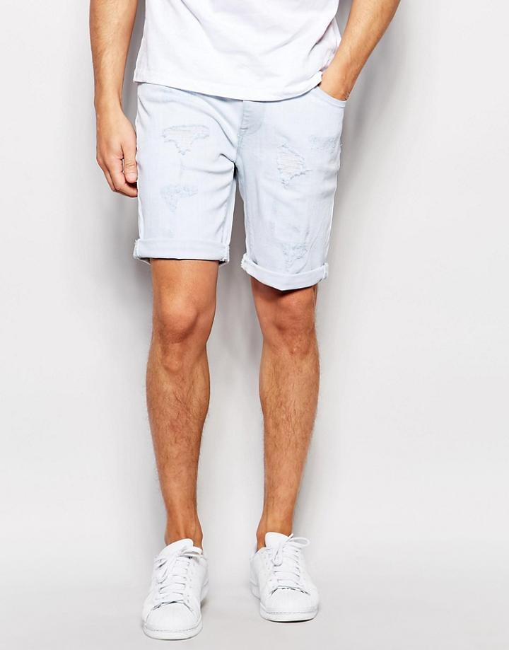 Asos Skinny Denim Shorts In Light Bleach Wash With Abrasions - Blue