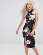 Ax Paris Scuba Midi Dress In Floral Print - Black