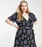 Asos Design Curve Plisse Short Sleeve Ruffle Wrap Mini Dress In Black And Blue Rose Print-multi